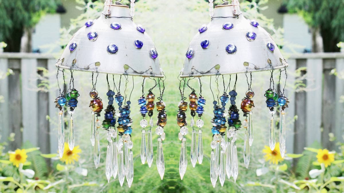 DIY upcycled garden art chandeliers.