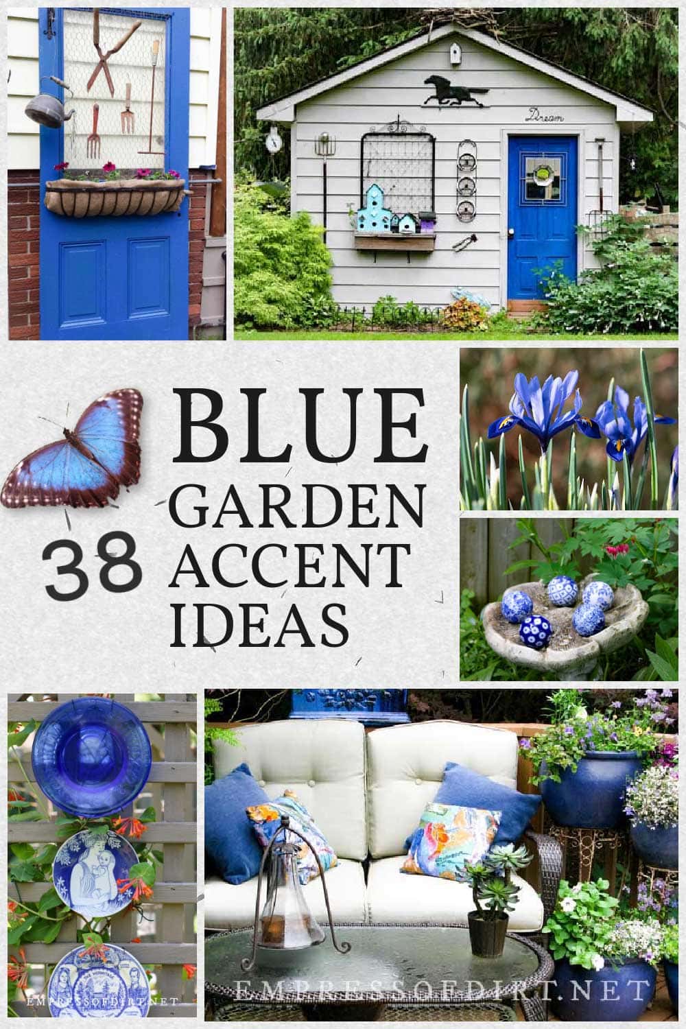 Examples of blue garden art, decor, and flowers.